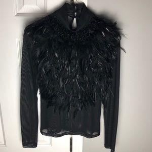 Sheer Black Blouse with Feather Detailing Size M